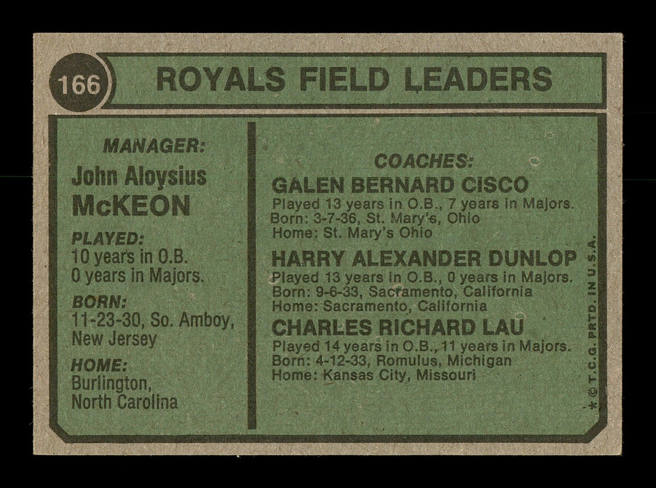 Jack McKeon & Harry Dunlop Autographed 1974 Topps Card #166 Kansas City Royals SKU #167164 - RSA