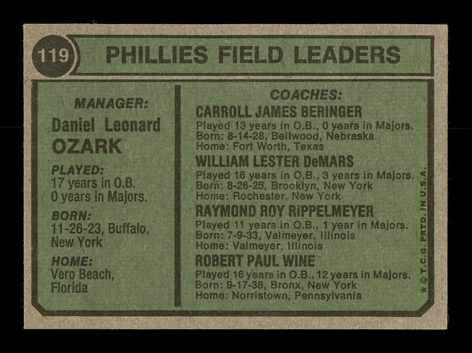 Ray Ripplemeyer Autographed 1974 Topps Card #119 Philadelphia Phillies Coach SKU #167174 - RSA