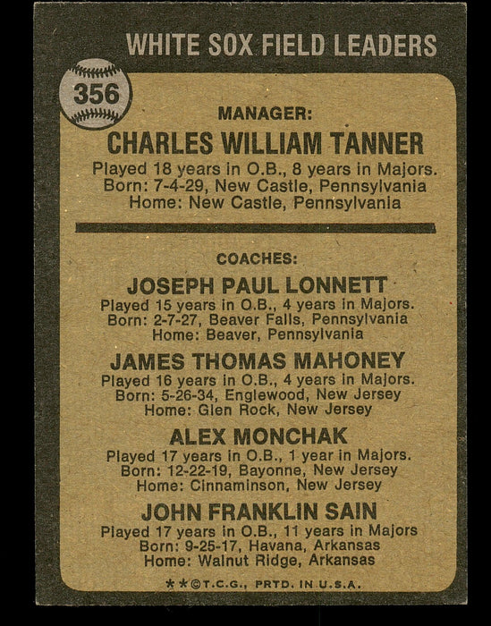 Alex "Al" Monchak Autographed 1973 Topps Card #356 Chicago White Sox Coach SKU #167195 - RSA