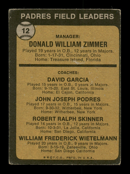 Whitey Wietelmann Autographed 1973 Topps Card #12 San Diego Padres Coach SKU #167197 - RSA