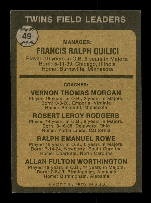 Ralph Rowe Autographed 1973 Topps Card #49 Minnesota Twins Coach SKU #167198 - RSA