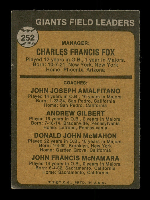 Joe Amalfitano & John McNamara Autographed 1973 Topps Card #252 San Francisco Giants Coach SKU #167200 - RSA