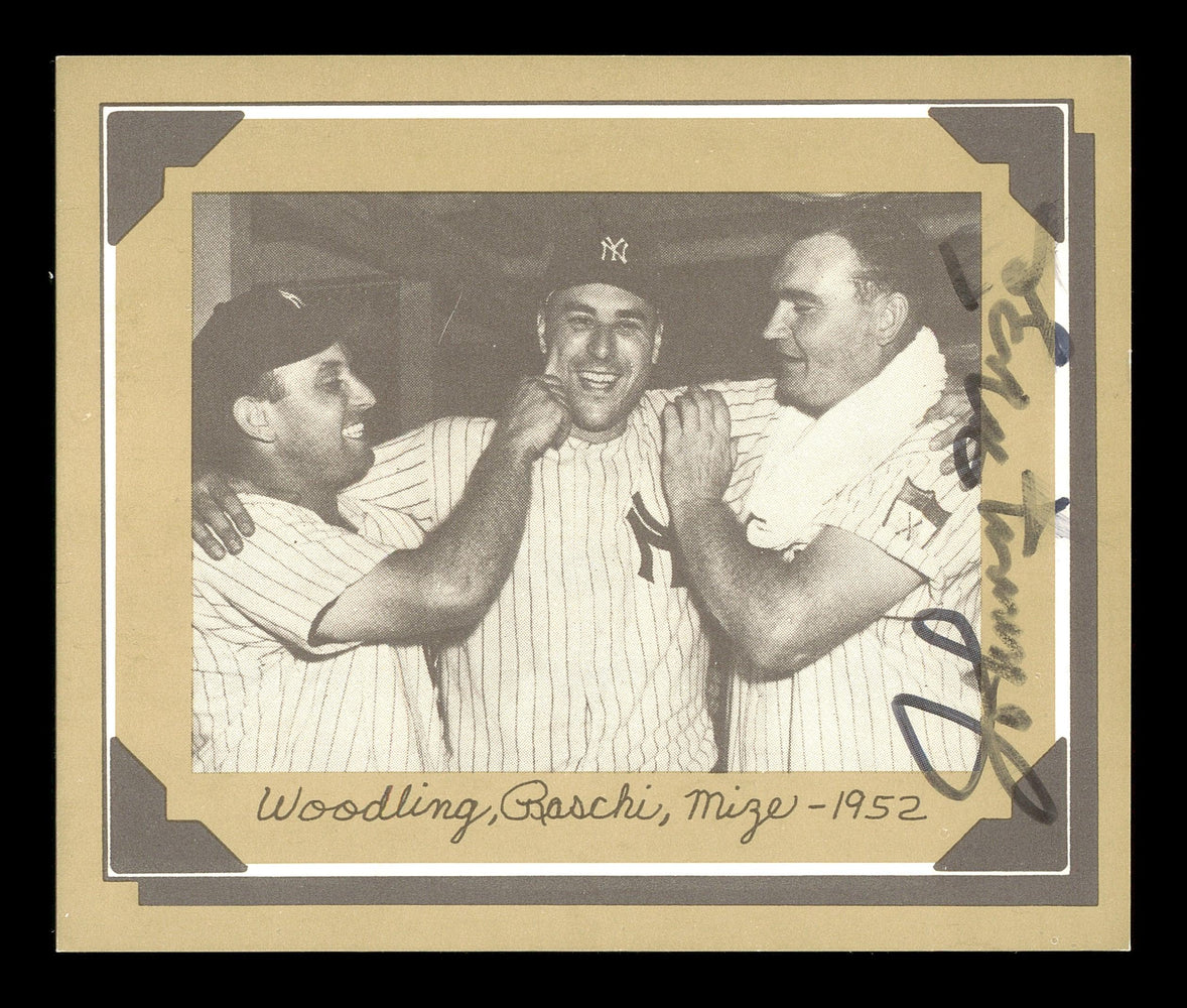 Johnny Mize Autographed 1977 Douglas Card Woodling, Raschi - 1952 SKU #171186 - RSA