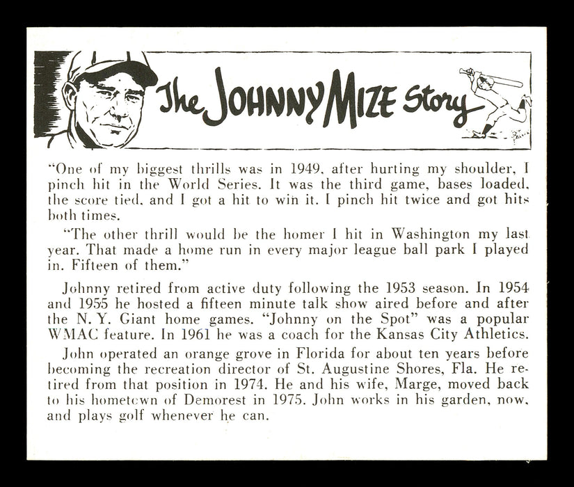 Johnny Mize Autographed 1977 Douglas Card Home Run, 1952 Series SKU #171195 - RSA