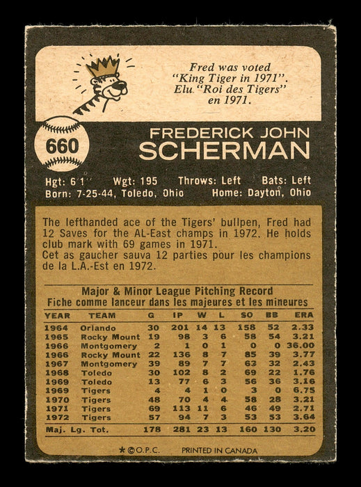 Fred Scherman Autographed 1973 O-Pee-Chee Card #660 Detroit Tigers SKU #169331 - RSA