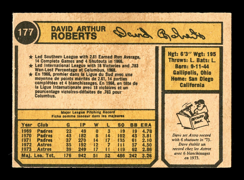 Dave Roberts Autographed 1974 O-Pee-Chee Card #177 Houston Astros SKU #169339 - RSA