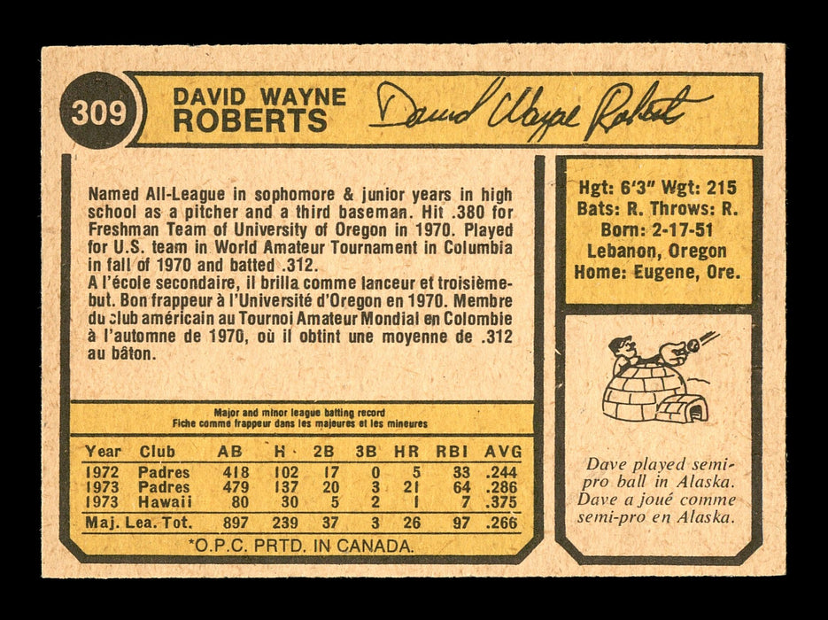 Dave Roberts Autographed 1974 O-Pee-Chee Card #309 San Diego Padres SKU #169343 - RSA