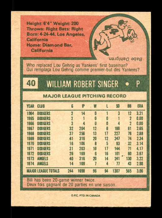 Bill Singer Autographed 1975 O-Pee-Chee Card #40 California Angels SKU #169370 - RSA