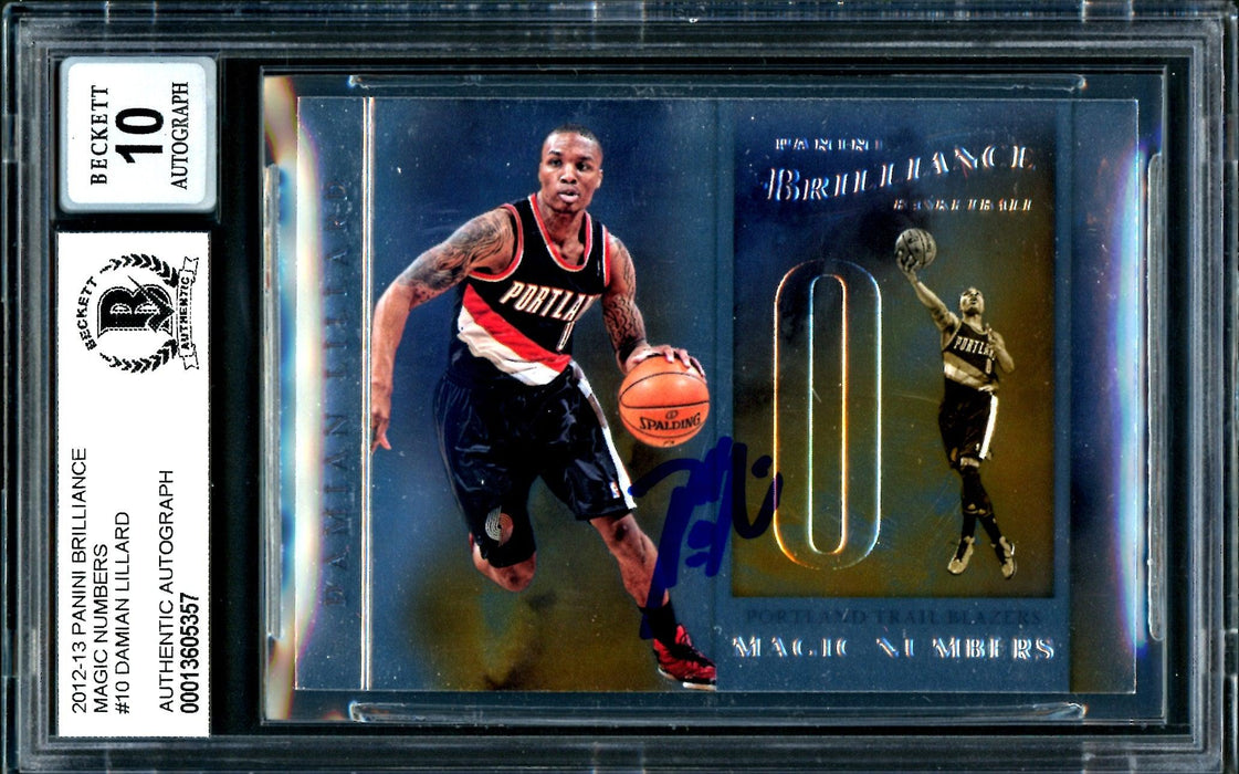Damian Lillard Autographed 2012-13 Panini Brilliance Magic Numbers Rookie Card #10 Portland Trail Blazers Auto Grade Gem Mint 10 Beckett BAS #13605357 - RSA