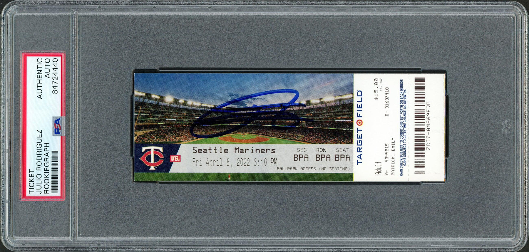 Julio Rodriguez Autographed MLB Debut Ticket 4/8/22 Seattle Mariners Stadium Picture In Blue PSA/DNA Stock #209769 - RSA