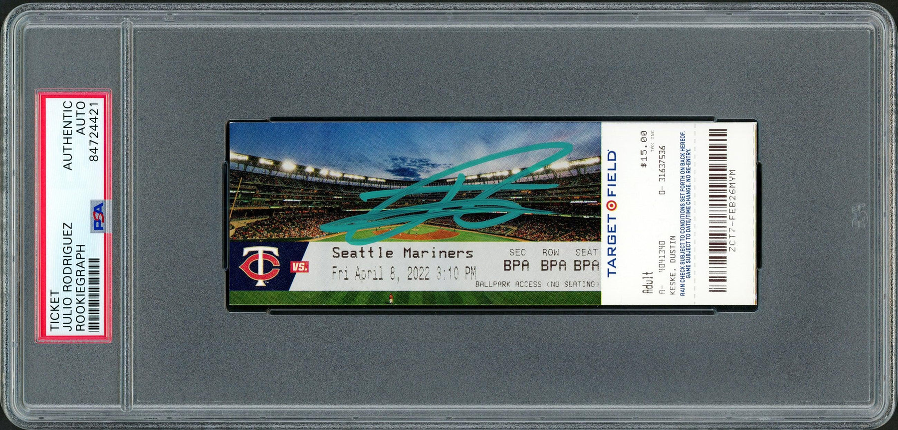 Julio Rodriguez Autographed MLB Debut Ticket 4/8/22 Seattle Mariners Stadium Picture In Teal PSA/DNA Stock #209771 - RSA