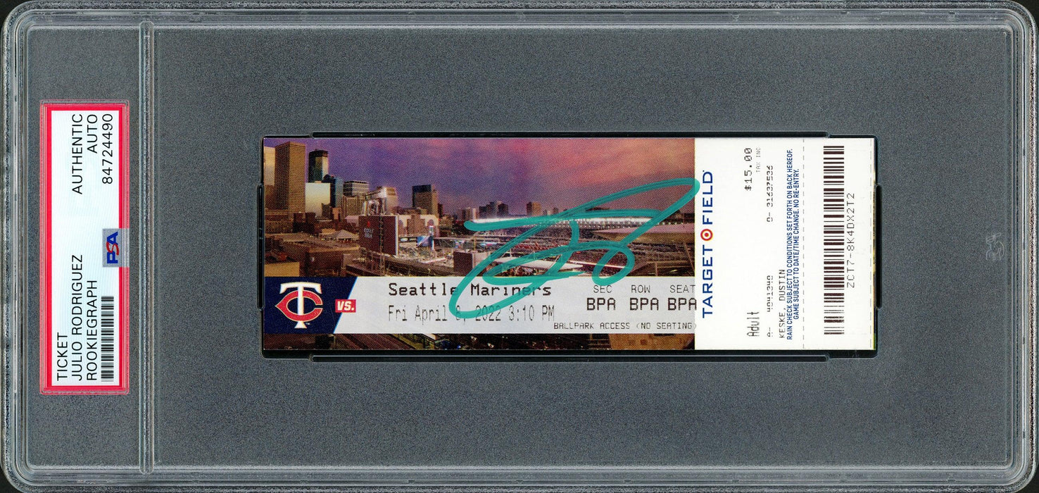 Julio Rodriguez Autographed MLB Debut Ticket 4/8/22 Seattle Mariners City Picture In Teal PSA/DNA Stock #209772 - RSA