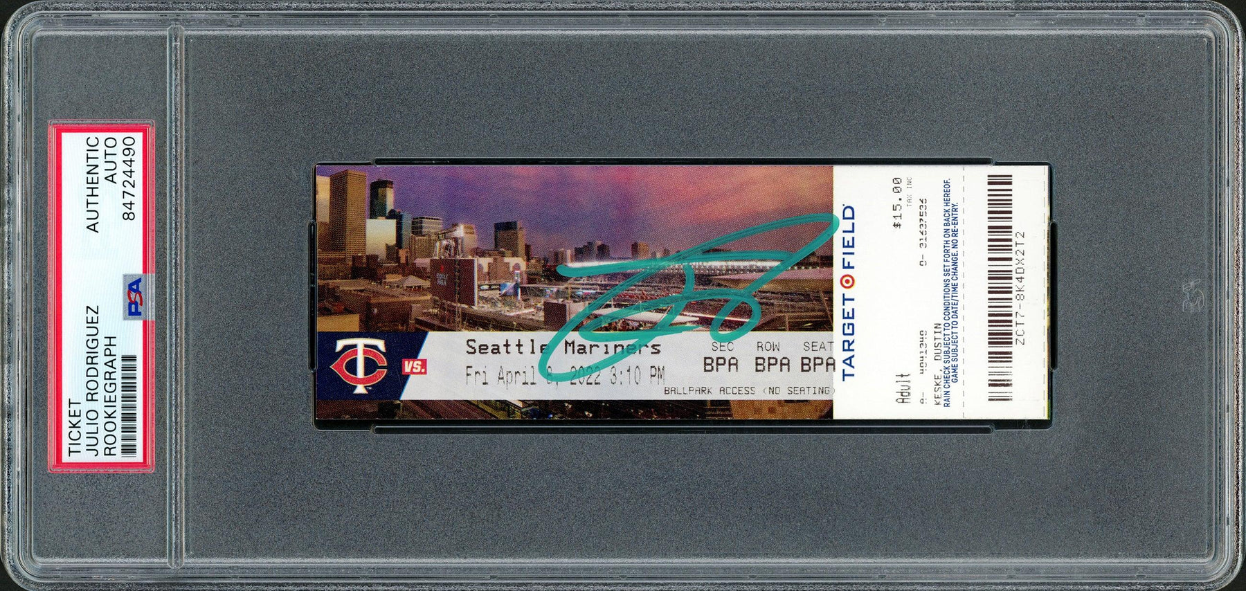 Julio Rodriguez Autographed MLB Debut Ticket 4/8/22 Seattle Mariners City Picture In Teal PSA/DNA Stock #209772 - RSA