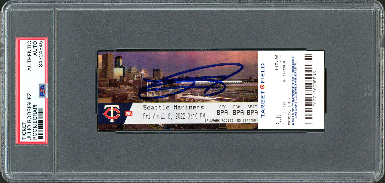 Julio Rodriguez Autographed MLB Debut Ticket 4/8/22 Seattle Mariners City Picture In Blue PSA/DNA Stock #210112