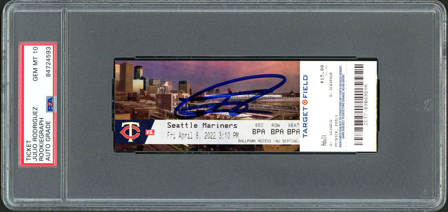 Julio Rodriguez Autographed MLB Debut Ticket 4/8/22 Seattle Mariners City Picture In Blue Auto Grade Gem Mint 10 PSA/DNA Stock #210130