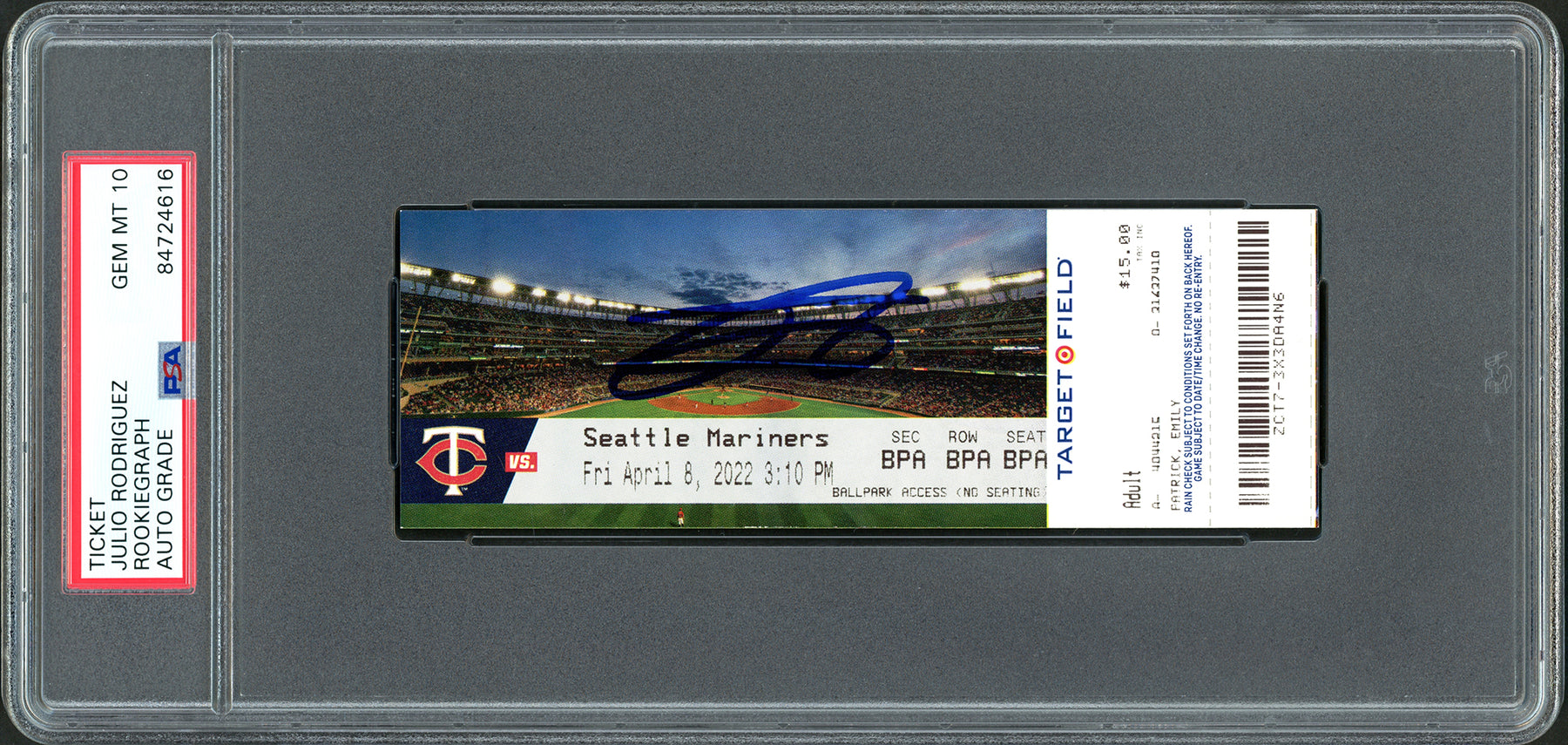Julio Rodriguez Autographed MLB Debut Ticket 4/8/22 Seattle Mariners Stadium Picture In Blue Auto Grade Gem Mint 10 PSA/DNA Stock #210131