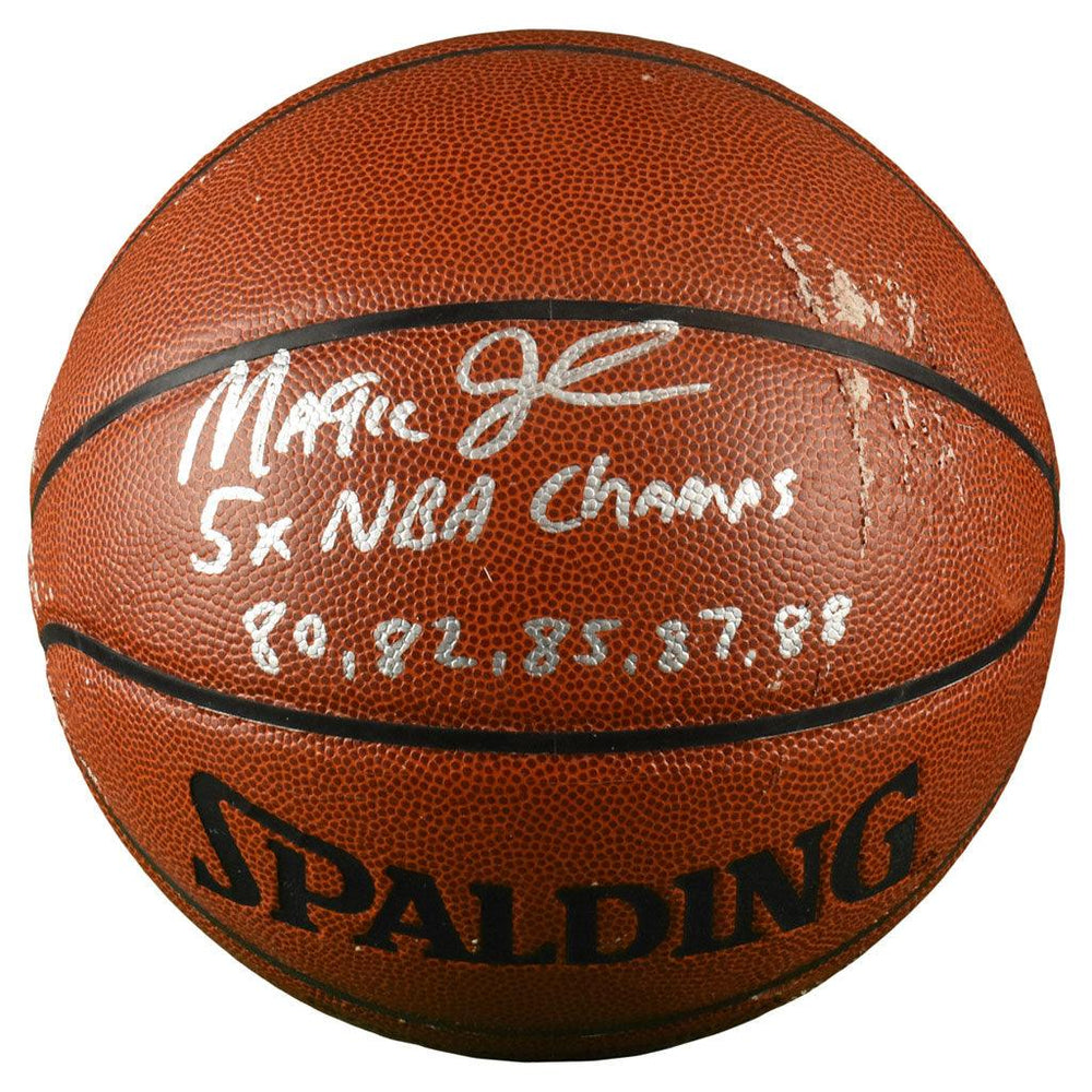 Magic Johnson Signed 5x NBA Champs Inscription NBA Indoor/Outdoor Basketball (JSA) - RSA