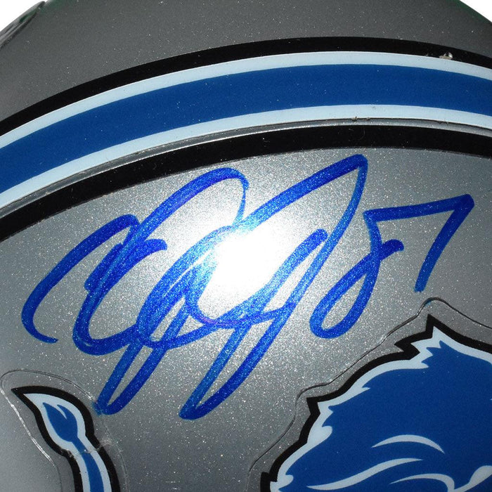 Calvin Johnson Signed Blue Ink Detroit Lions Mini Replica Silver Football Helmet (JSA) - RSA