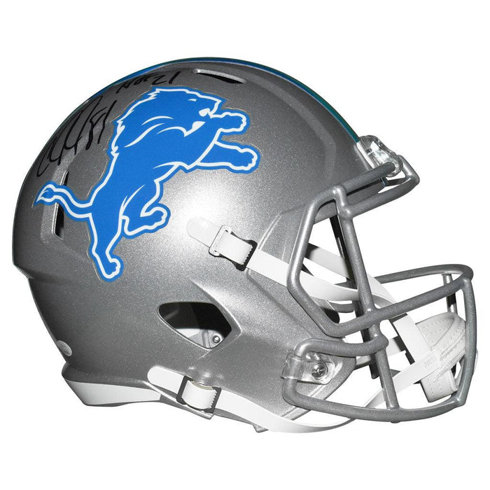 Calvin Johnson Signed HOF 21 Inscription Detroit Lions Speed Full-Size Replica Silver Football Helmet (JSA) - RSA