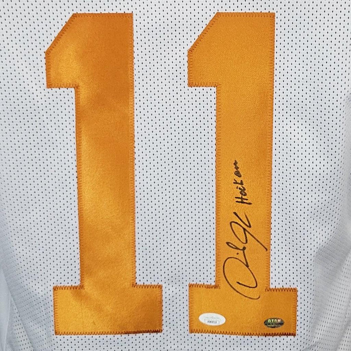 Derrick Johnson Signed Hook Em Inscription Texas College White Football Jersey (JSA) - RSA