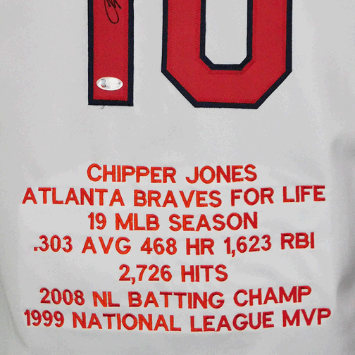 Chipper Jones Signed Stats Atlanta White Baseball Jersey (JSA) - RSA