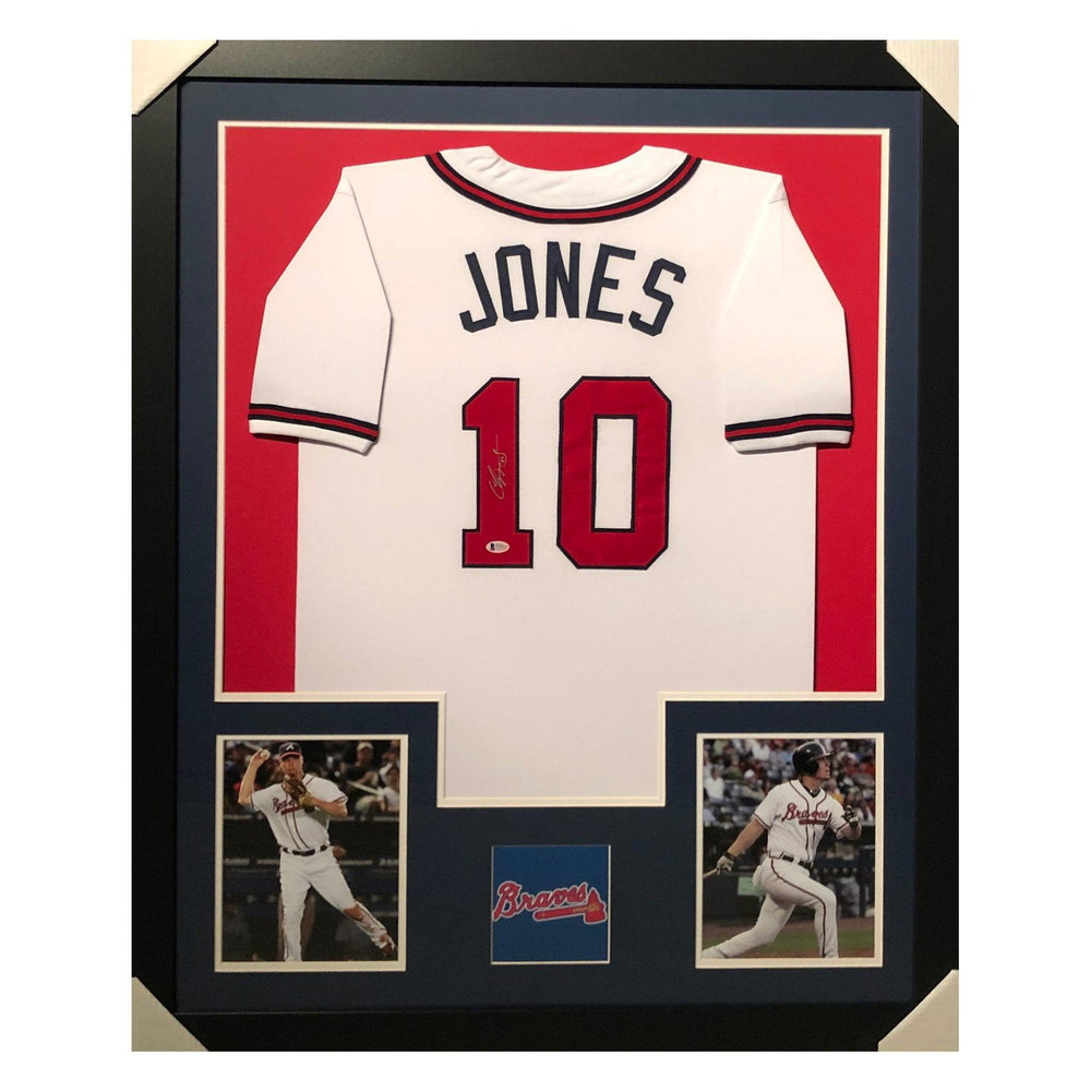 jones braves white autographed framed baseball jersey