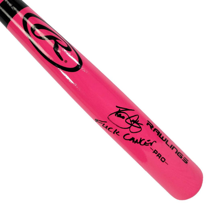 David Justice Signed Fuck Cancer! Inscription Pink Rawlings Baseball Bat (JSA) - RSA