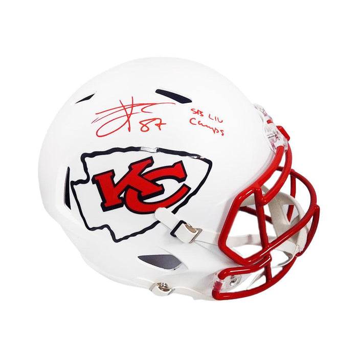 Travis Kelce Signed SB LIV Champs Inscription Kansas City Chiefs Flat White Speed Full-Size Replica Football Helmet (Beckett) - RSA