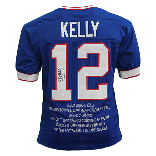 Jim Kelly Autographed Pro Style Football Jersey Blue STAT (BECKETT) - RSA