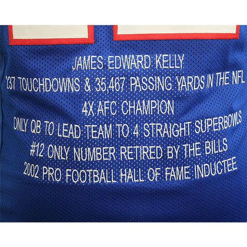 Jim Kelly Autographed Pro Style Football Jersey Blue STAT (BECKETT) - RSA