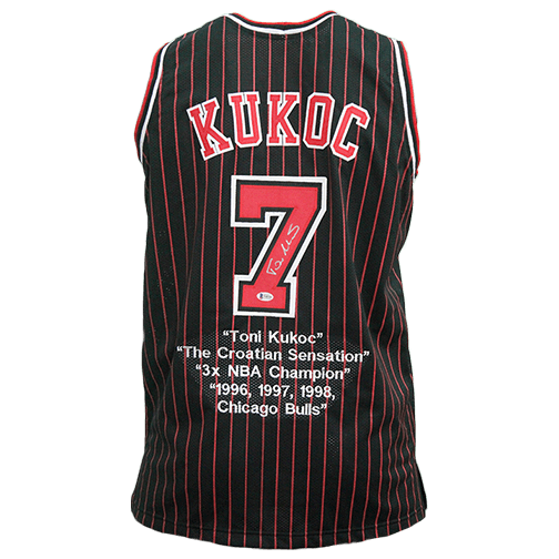 Toni Kukoc Autographed Basketball Jersey Black Pinstripe w/ STATS! (Beckett) - RSA
