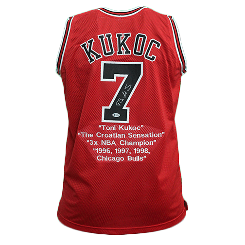 Toni Kukoc Autographed Basketball Jersey Red w/ STATS! (JSA) - RSA