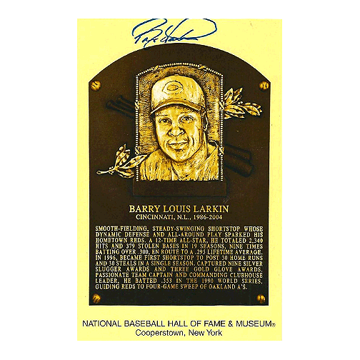 Barry Larkin Autographed Hall of Fame Plaque Postcard (JSA) - RSA