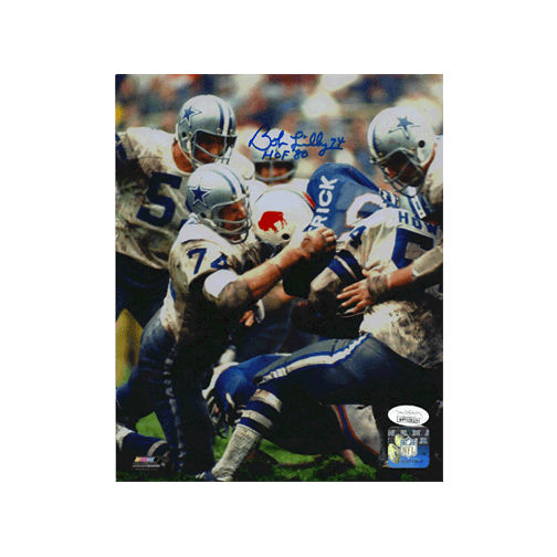 Bob Lilly Dallas Cowboys Autographed Football 8 x 10 Photo (JSA) HOF Inscription Included - RSA