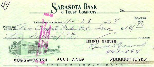 Heinie Manush Autographed Check Washington Senators SKU #100282 - RSA
