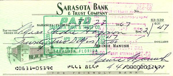 Heinie Manush Autographed Check Washington Senators SKU #100283 - RSA