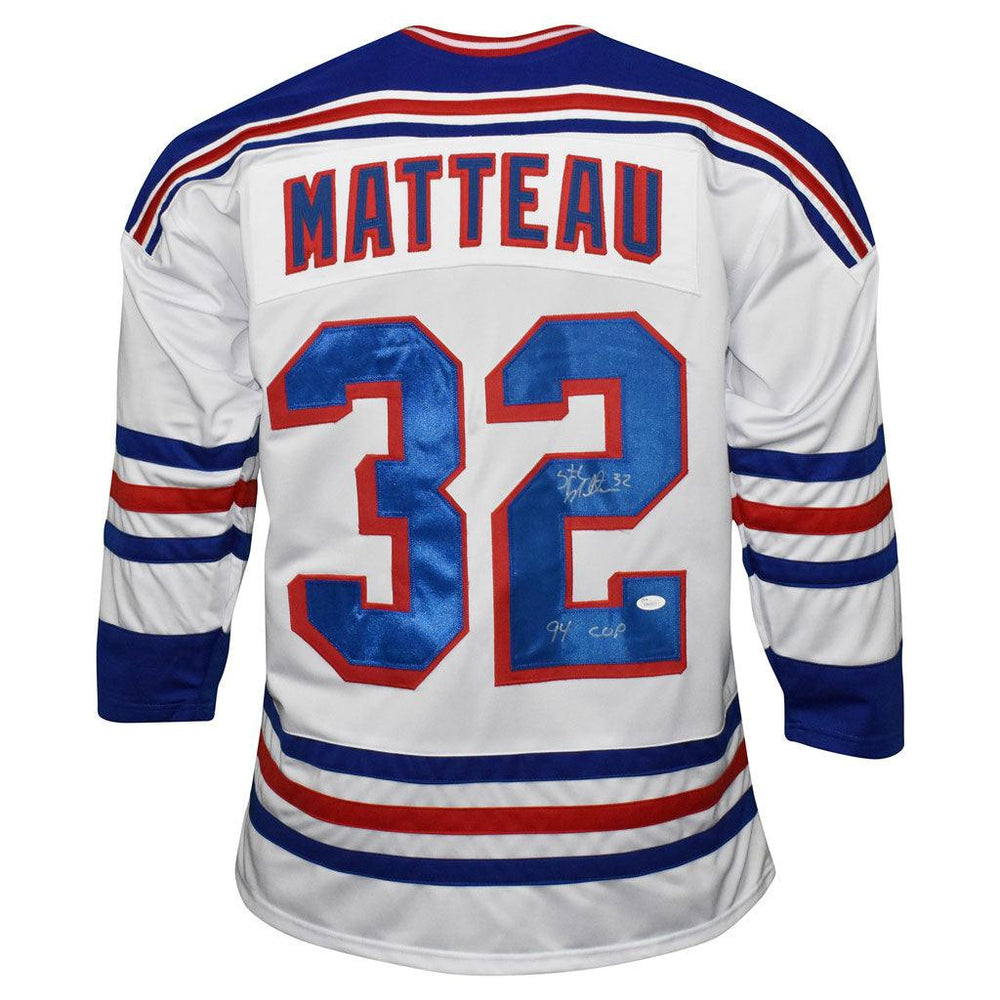 Stephane Matteau Signed 94 Cup Inscription New York White Hockey Jersey (JSA) - RSA