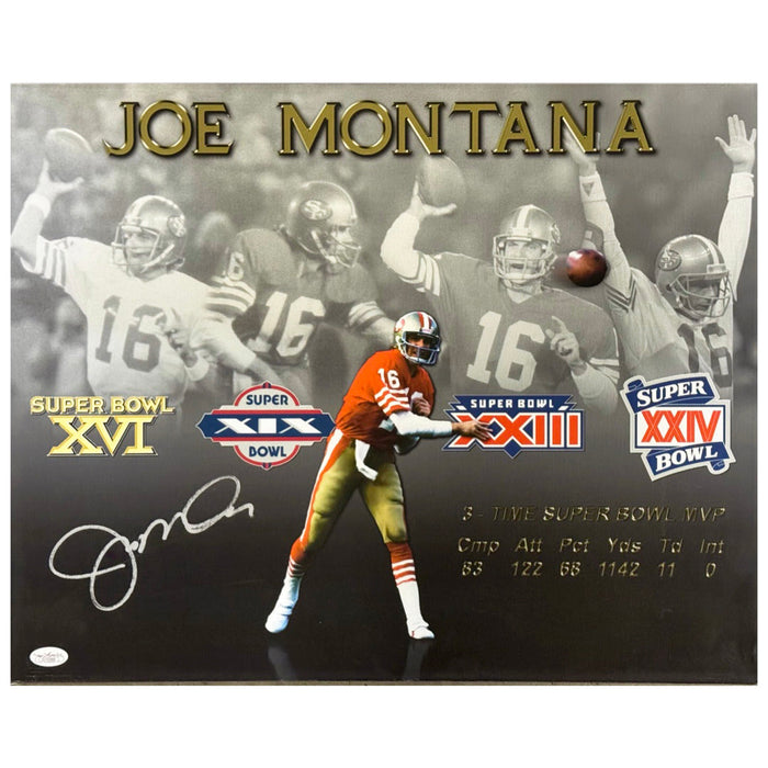 Joe Montana Signed San Francisco Super Bowl Stats Football 16x20 Canvas Photo (JSA)