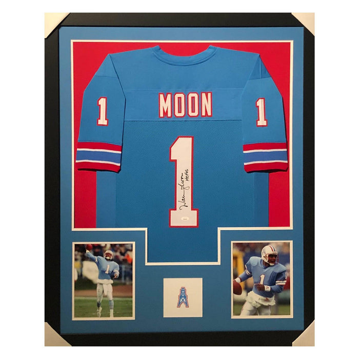 moon oilers hof 06 blue autographed framed football jersey