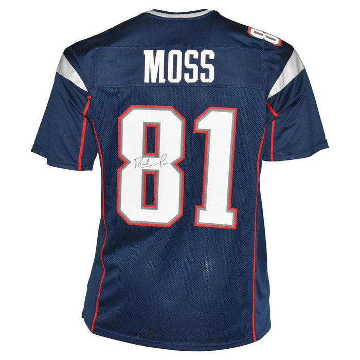 Randy Moss Signed New England Blue Football Jersey (JSA) - RSA