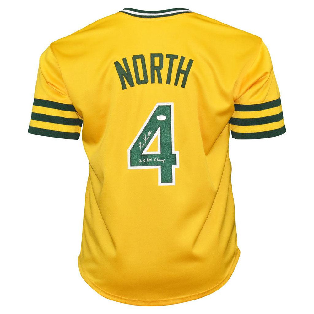 Bill North Signed 2x WS Champs Inscription Oakland Yellow Baseball Jersey (JSA) - RSA