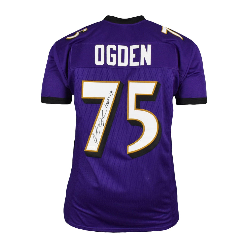 Jonathan Ogden Signed Pro-Edition Purple Football Jersey (JSA) HOF '13 Inscription - RSA
