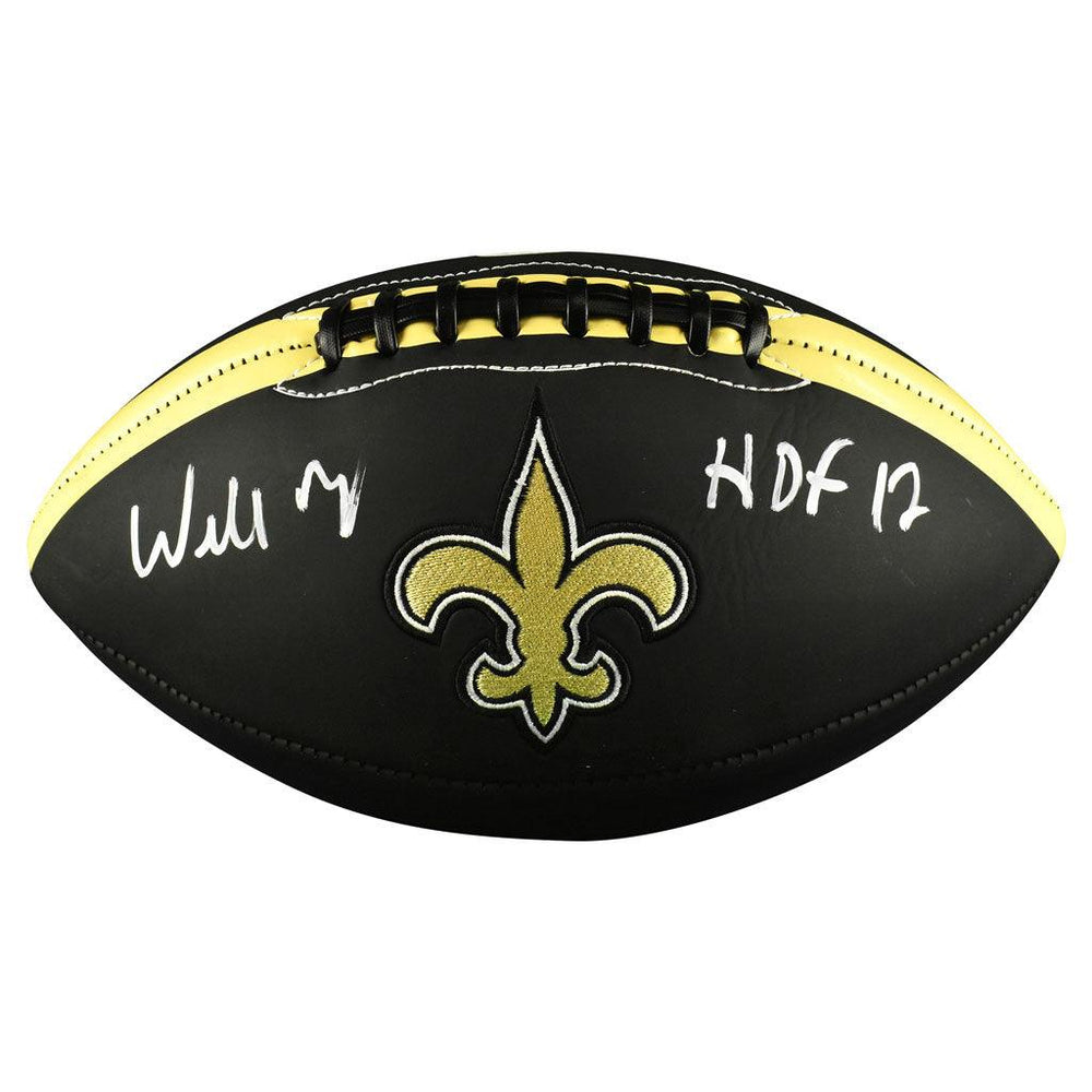 Willie Roaf Signed HOF 12 Inscription New Orleans Saints Official NFL Team Logo Black Football (JSA) - RSA
