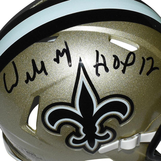 Willie Roaf Signed HOF 12 Inscription New Orleans Saints Speed Mini Replica Gold Football Helmet (JSA) - RSA