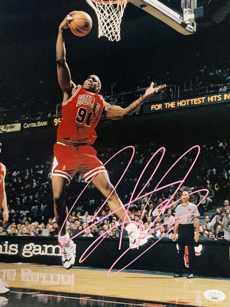 Dennis Rodman Chicago Bulls Signed in Pink 11x14 Photo (JSA) - RSA