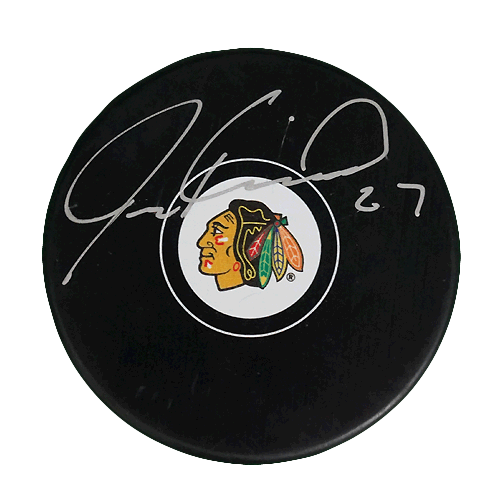 Jeremy Roenick Autographed Blackhawks Silver Signature Hockey Puck (JSA) - RSA