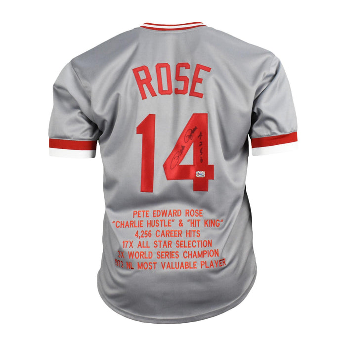 Pete Rose Signed 4256 Hits Stats Cincinnati Pro Edition Grey Jersey (Fiterman) - RSA