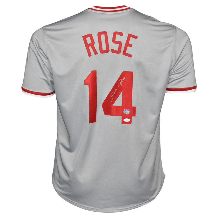 Pete Rose Signed Cincinnati Pro Style Grey Baseball Jersey (Fiterman and JSA) - RSA