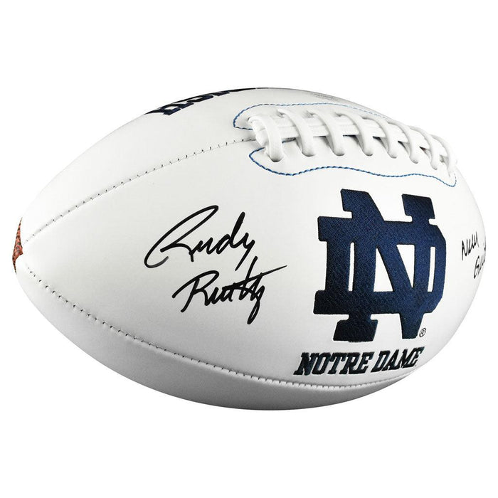 Rudy Ruettiger Signed Never Quit Inscription Notre Dame Fighting Irish Official NFL Team Logo Football (JSA) - RSA