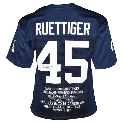 Rudy Ruettiger Signed Notre Dame College Blue Stats Football Jersey (JSA) - RSA